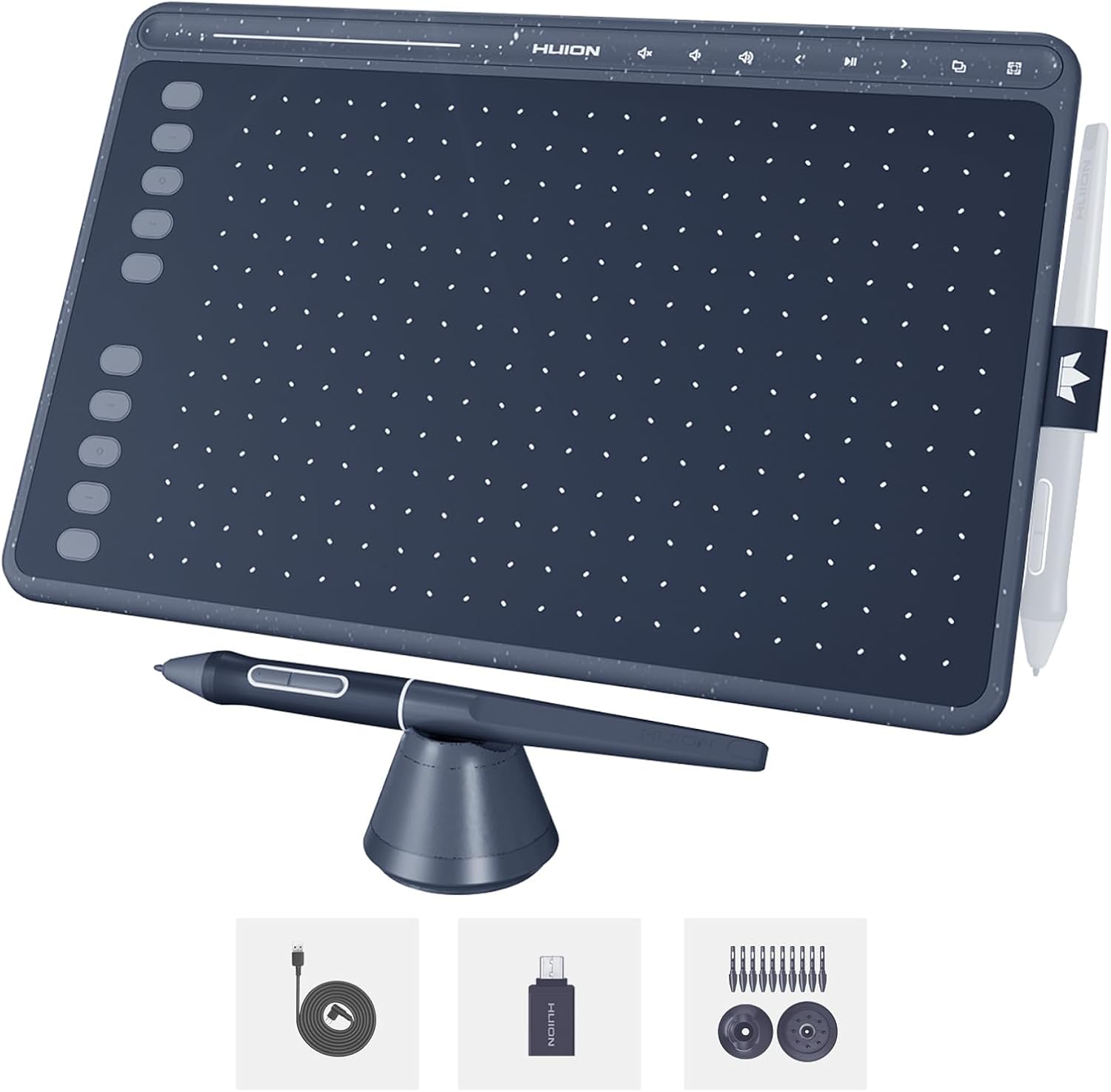 HUION HS611 Graphics Drawing Tablet Android Support Digital Art Tablet with Battery-Free Stylus 8192 Pen Pressure Tilt 8 Multimedia Keys 10 Hot Keys and Touch Ring, 10x6 inch Drawing Pad, Space Grey