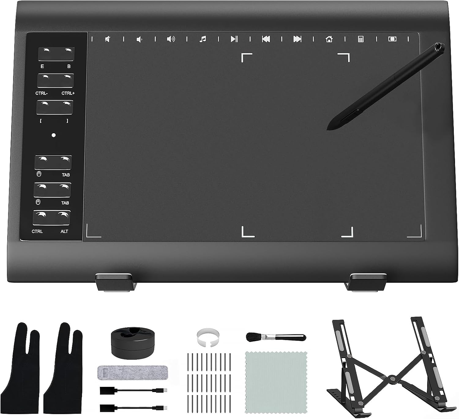 Graphic Drawing Tablet ienRon 10x6 Inch Sceen, Battery-Free 8192 Levels Pen,12 Hot Keys, Large Area for Digital Drawing Tablets&Design, Compatible with Windows/Android, Good Gift-Black, Bracket, Pad