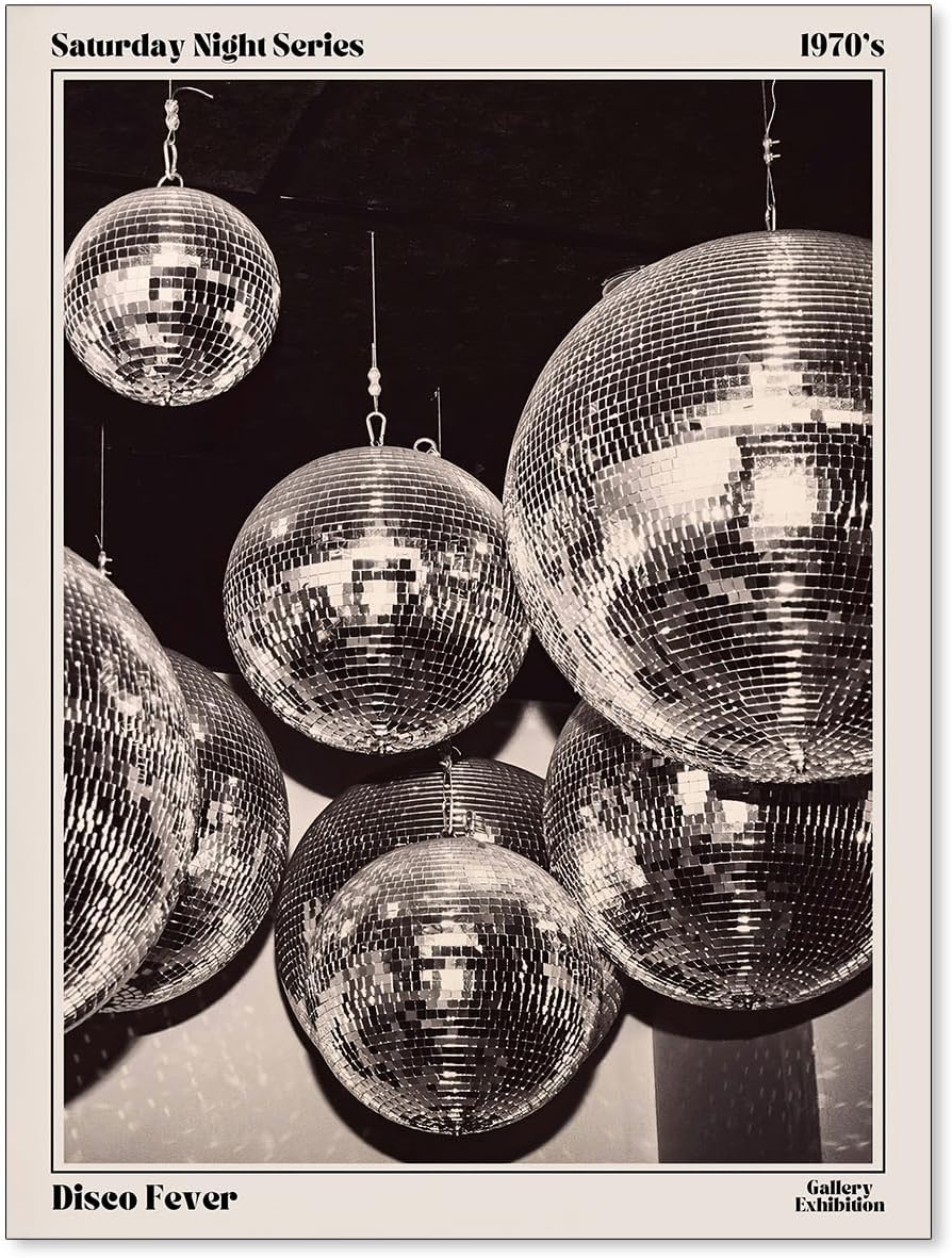 Sufeasdf 70s Disco Ball Newspaper Wall Art Vintage Black and White Art Posters Funky Aesthetic Canvas Prints Retro Bar Cart Decor for Bar Bedroom 12x16 inch Unframed