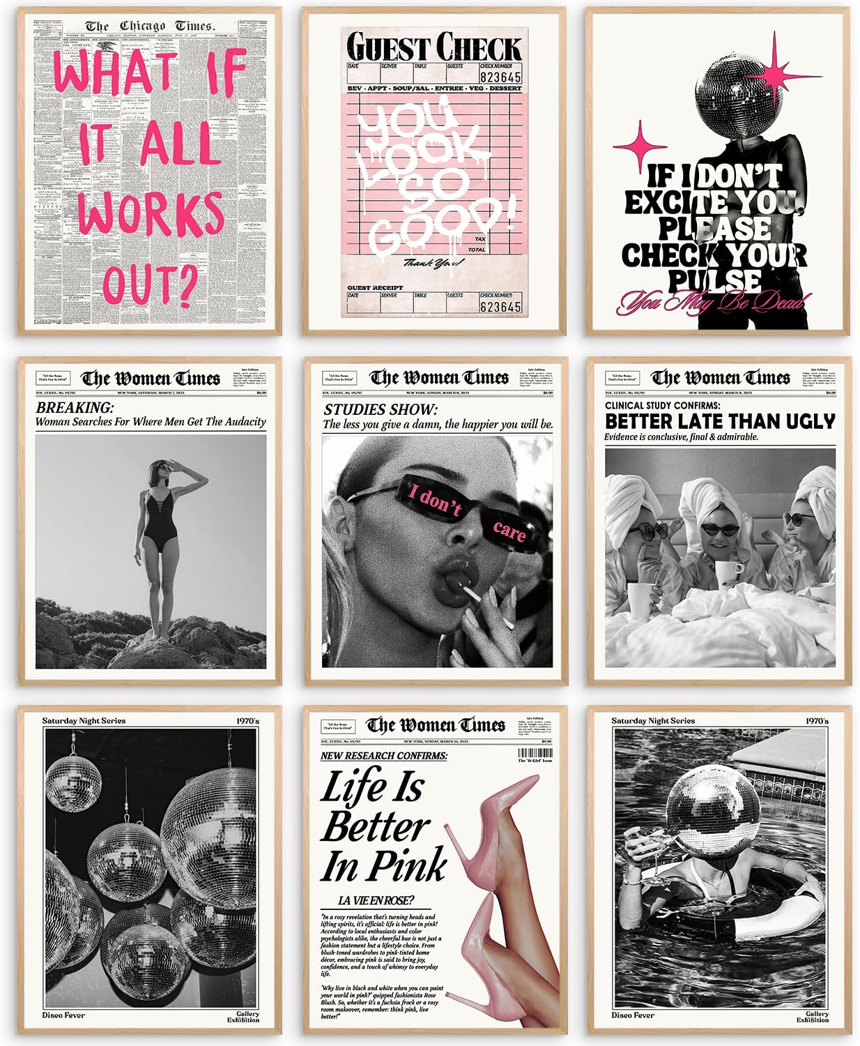 Elegend Trendy Newspaper Wall Art - 9pcs Disco Poster, Disco Ball Wall Art, What If It All Works Out Wall Art, 70s Tequila Print, Trendy Aesthetic Pictures, Retro Bar Cart Decor, Disco Funky Decor for Teen Girl Dorm Bedroom