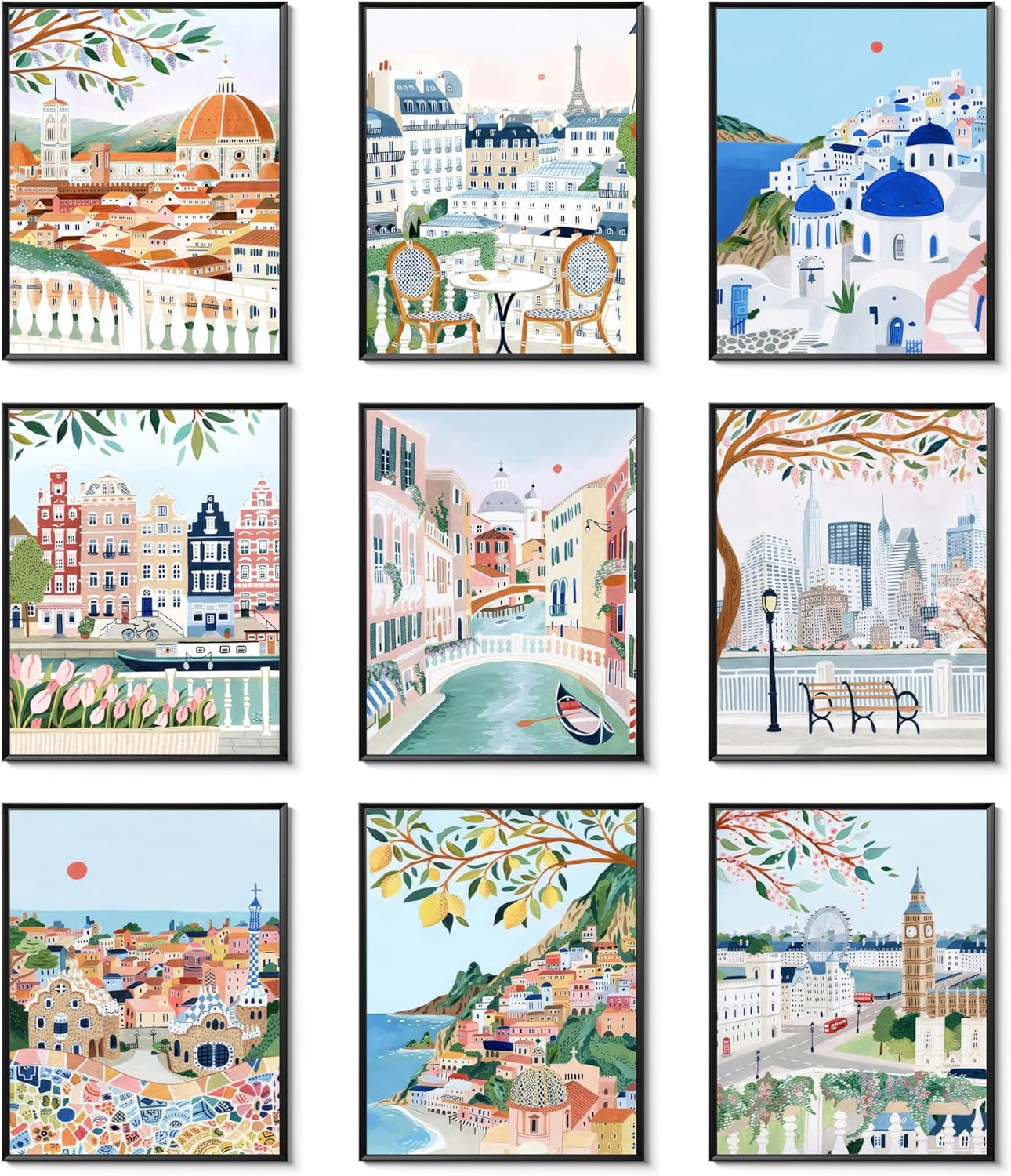 Vintage Travel Cities Posters Wall Art Set of 9, Trendy Modern Colorful Landscape Wall Decor, Europe Italy Cities Canvas Art Prints Painting for Living Room Bedroom Bathroom Home Decor 8x10 Unframed